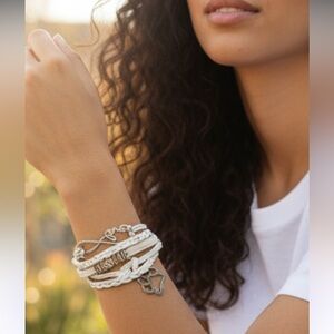 White leather and silver animal rescue inspired bracelet